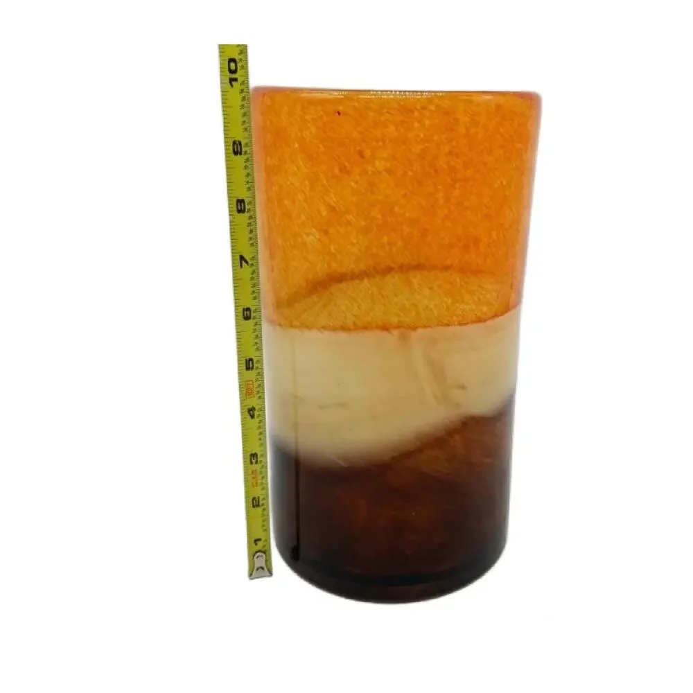 Vintage Orange Brown Art Glass Cylinder Vase: Mottled Hurricane Vase, 9.75" Tall - Picture 3 of 11